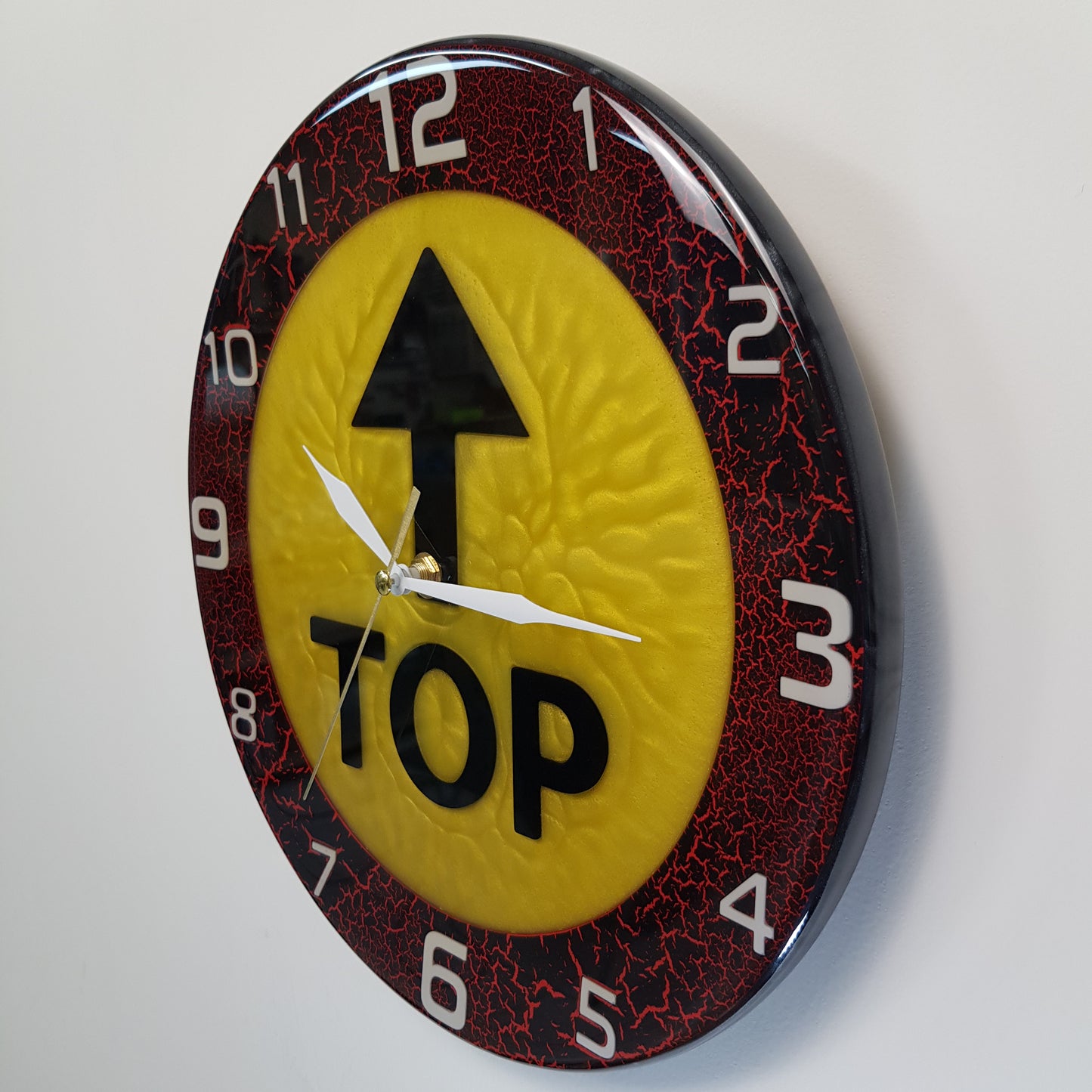Handmade epoxy resin wall clock – Top Time Yellow Pulse model, unique numbered edition , angled photo