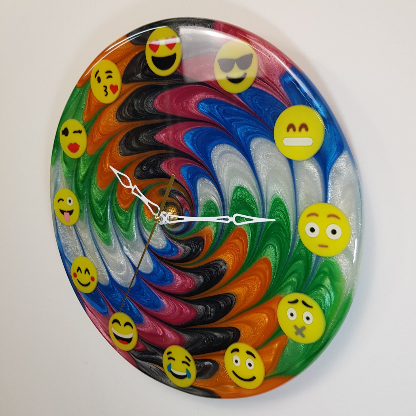 Handmade epoxy resin wall clock – Emotion Flow #04 collectible with colorful swirl background, angled photo