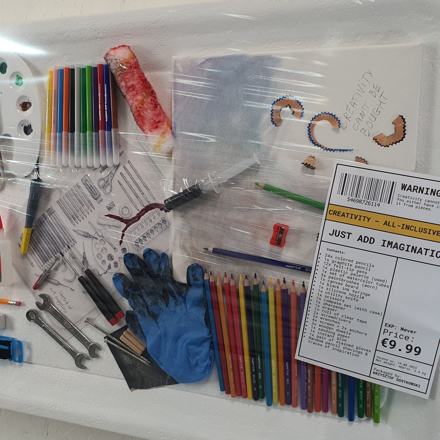 Creatività in Offerta resin and mixed media artwork – close-up of packaged creative tools in conceptual blister