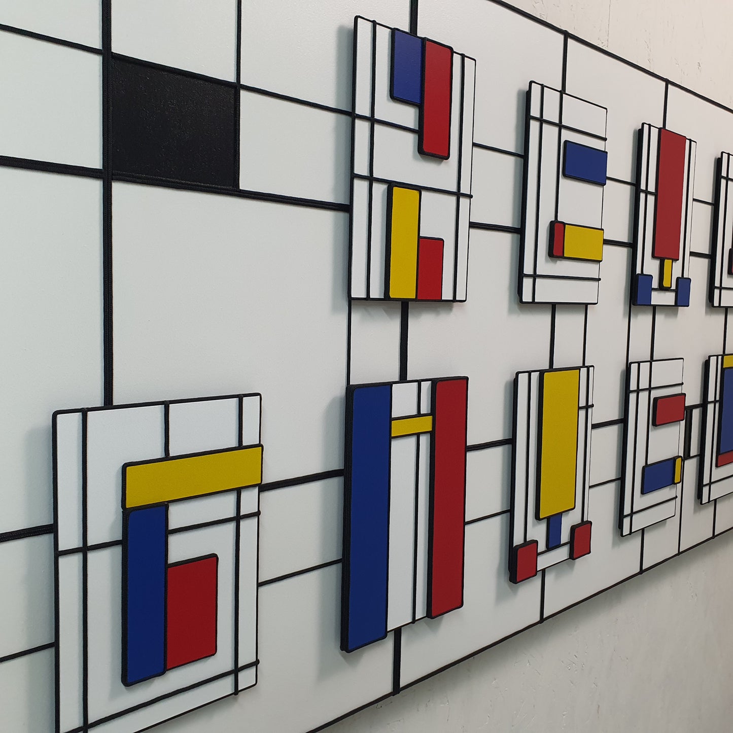 Unique contemporary art piece Il Codice Invisibile – handmade mixed media installation with geometric elements, angled photo