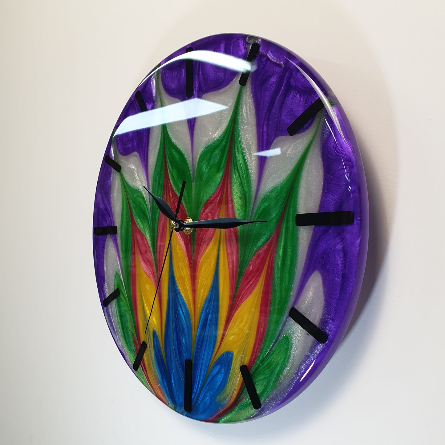 Side angle of “Violet Flame” clock – left side profile
