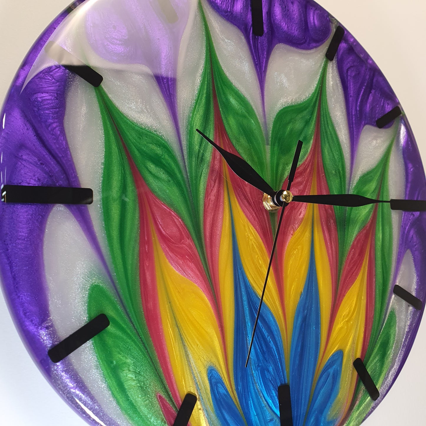 Close-up of “Violet Flame” clock – details of resin colors and hands