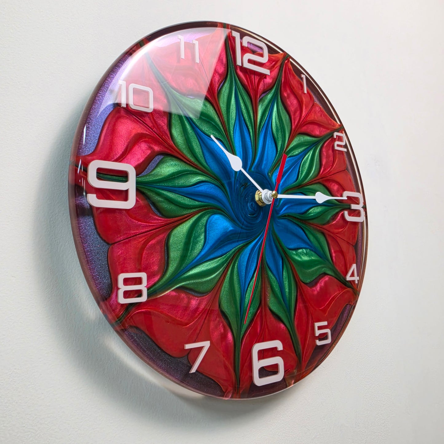 Artistic handmade wall clock from the Abstract Time collection featuring vibrant colors and white acrylic numerals