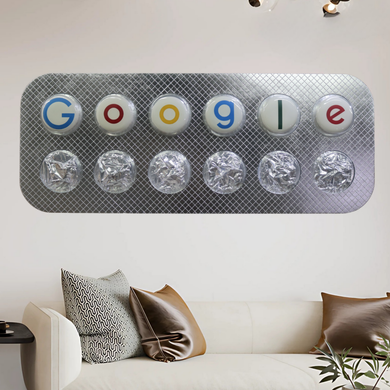 Dottore conceptual artwork – XXL resin and plaster installation shaped like blister pack of pills, front view