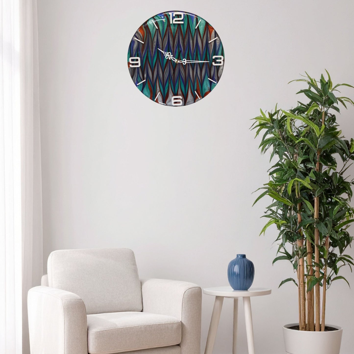 The “Aurora Stream” epoxy resin wall clock displayed on a wall – modern and colorful statement piece with luminous flowing design.