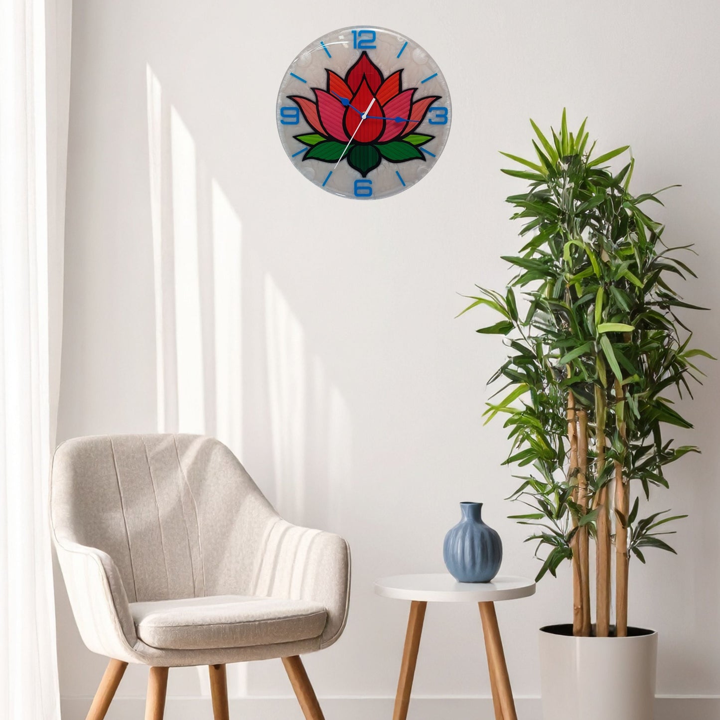 Wide view of the “Creative Lotus” wall clock as a vibrant artistic centerpiece in a modern room