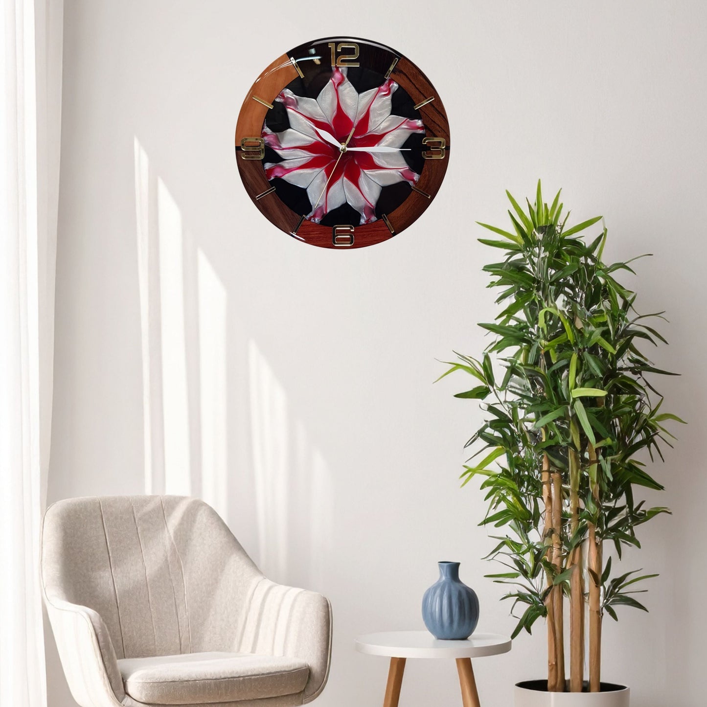 Wide wall view showing the “Frozen Flame” clock as a bold statement piece in the room