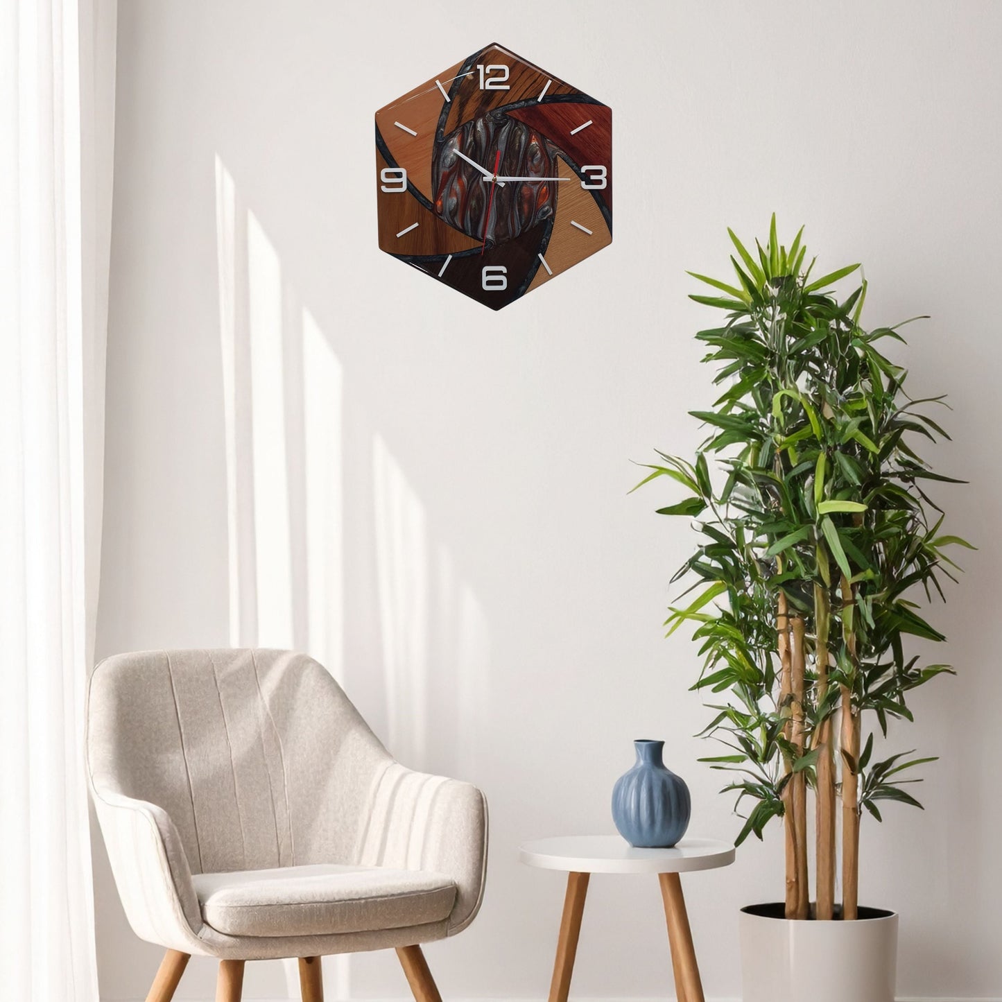 The “Fusion Hexa” clock hanging on a white wall, blending natural materials with modern design