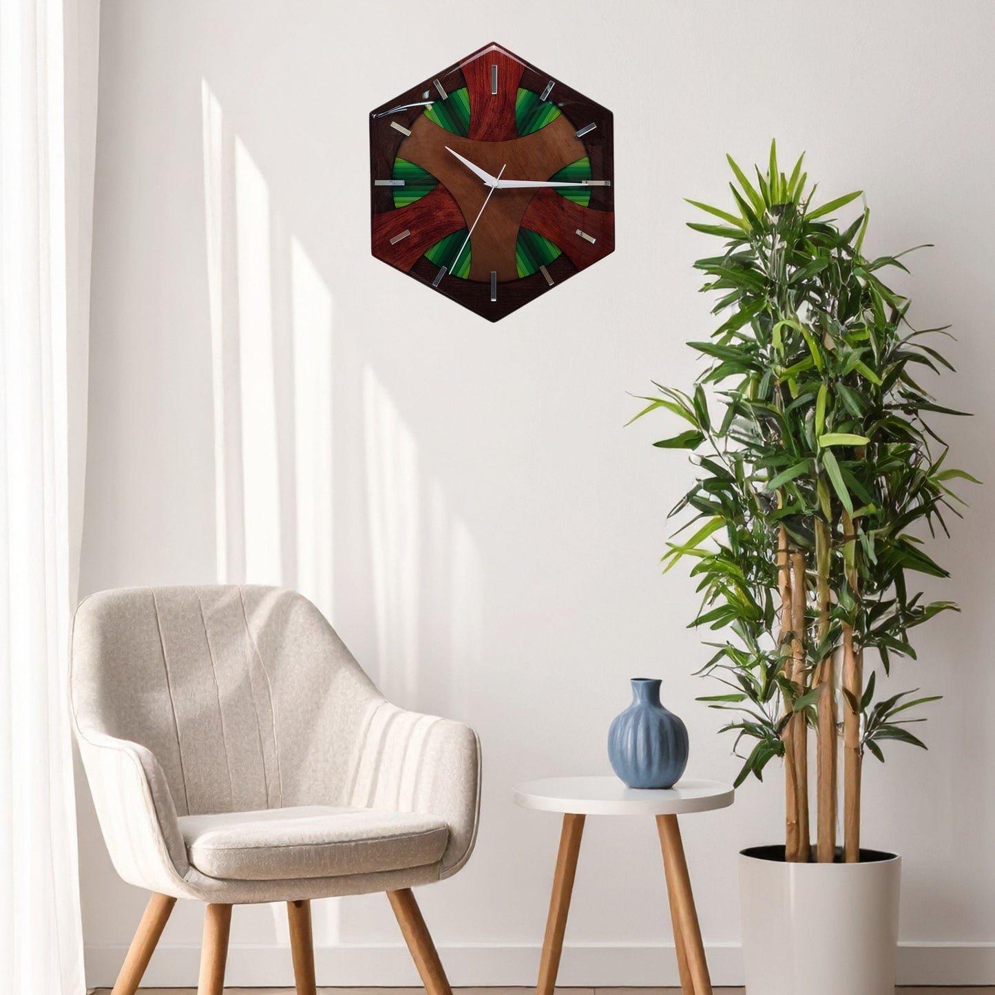 Wide wall view of the “Forest Flow” clock as a statement art piece blending wood and color