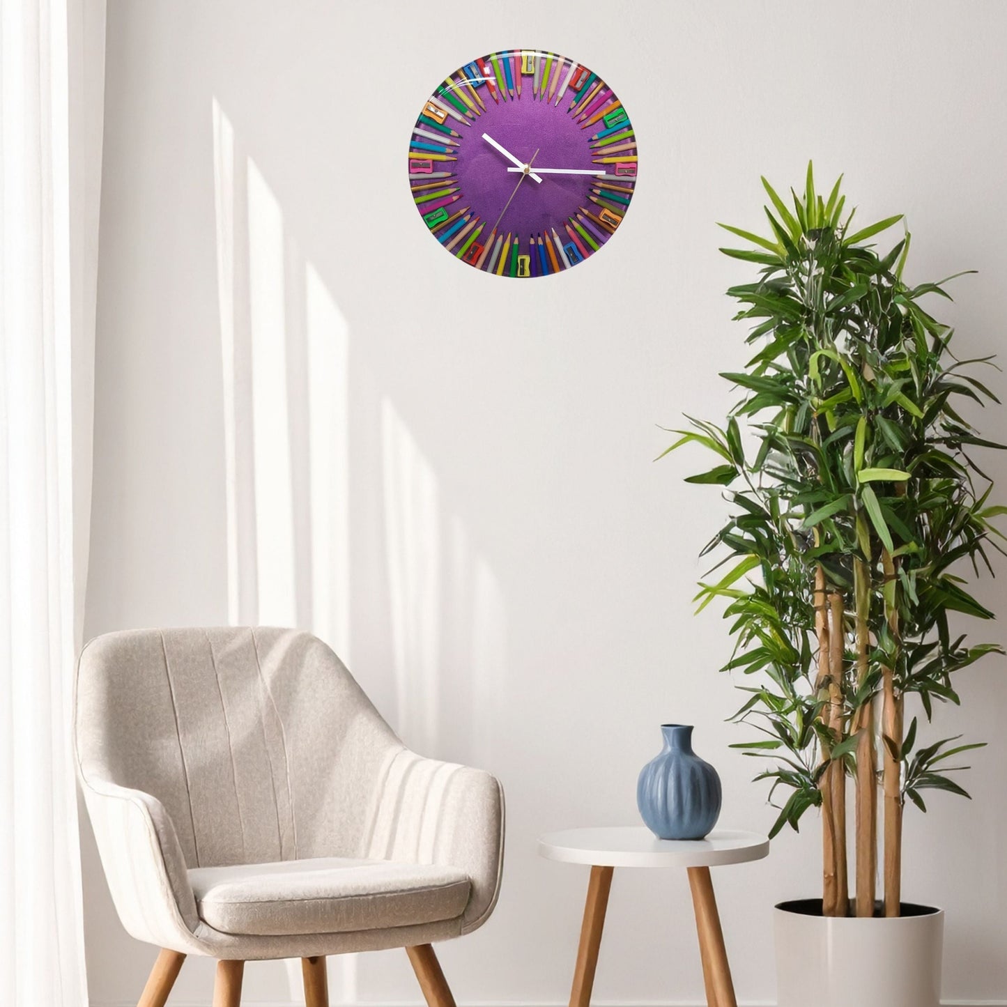 “Chroma Balance” wall clock mounted on the wall in a modern interior setting
