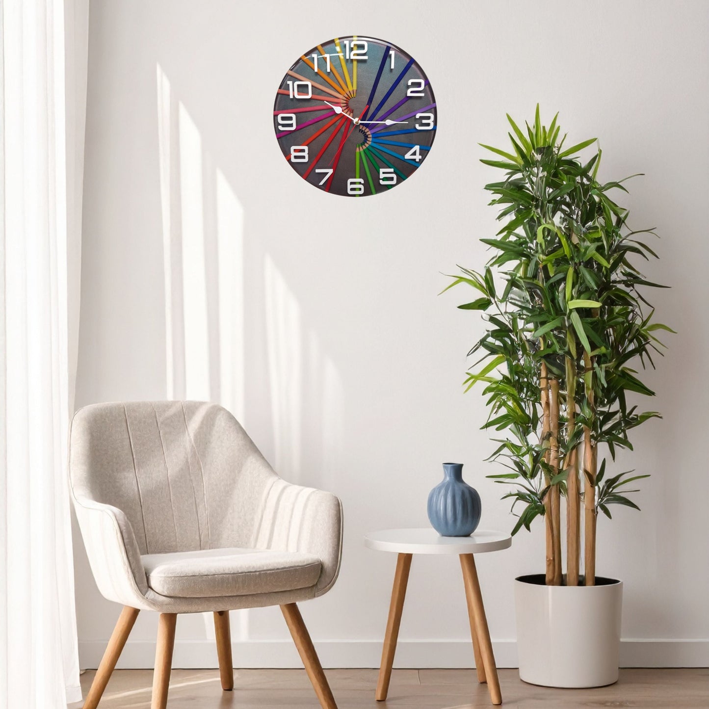 Wall view – “Prismatic Spiral” clock displayed as modern interior art décor