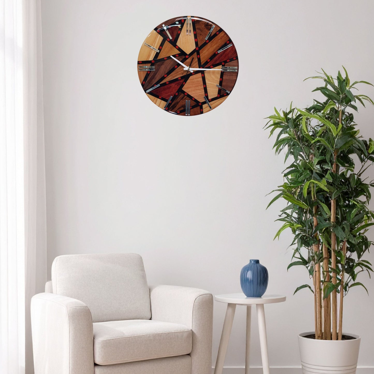 Wide wall view of the “Ladybug Mosaic” clock as a colorful and unique decor piece