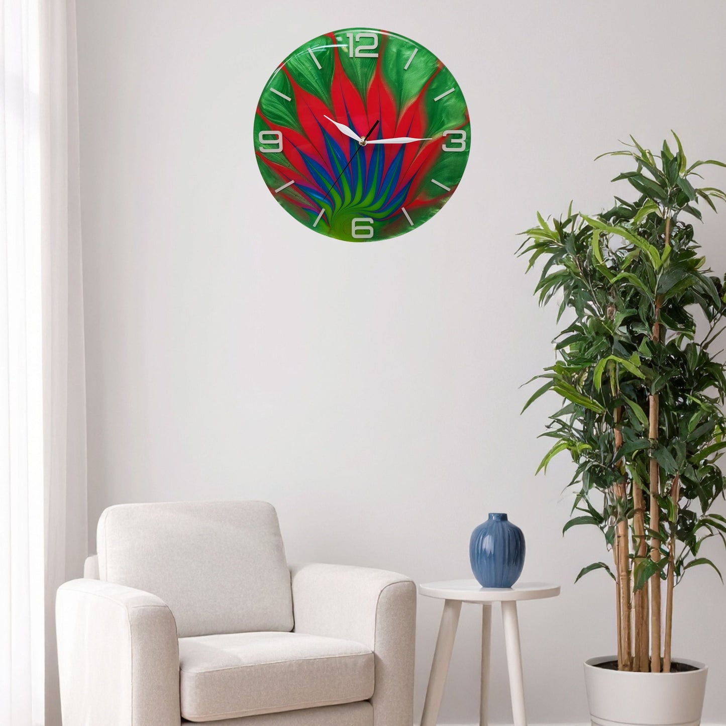 “Wild Leaf” wall clock displayed on a white wall, showing its vivid presence in an interior setting.