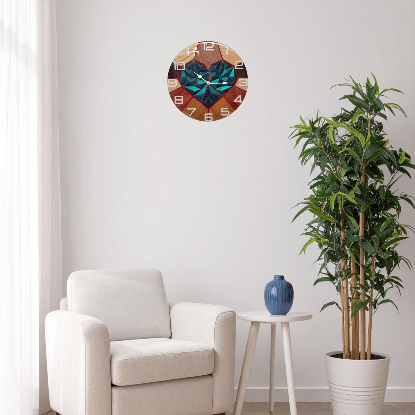Handcrafted epoxy resin wall clock with multi-wood design and 3D chameleon heart center