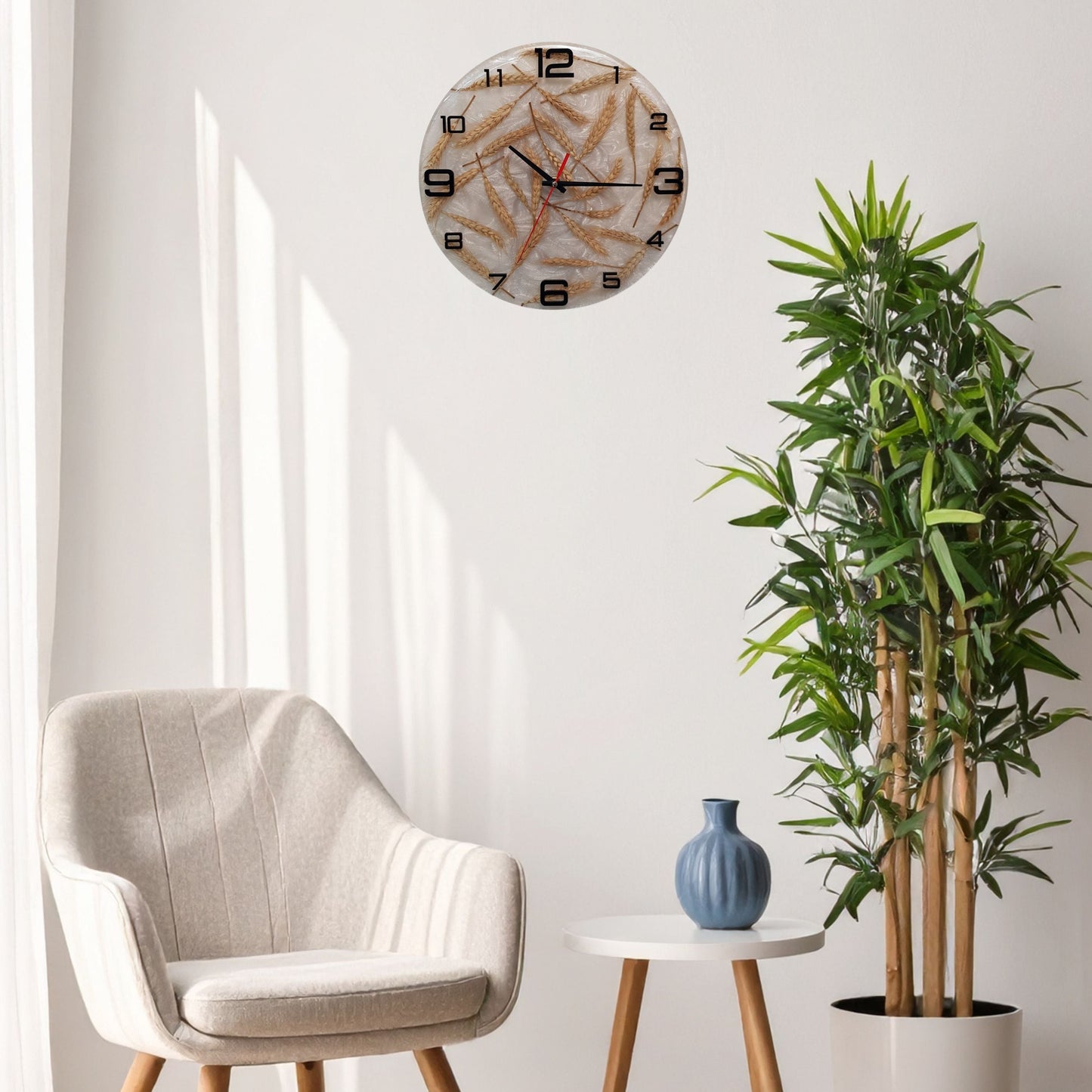 Full front-facing image of the clock with clear visibility of the grain arrangement and pearl texture.