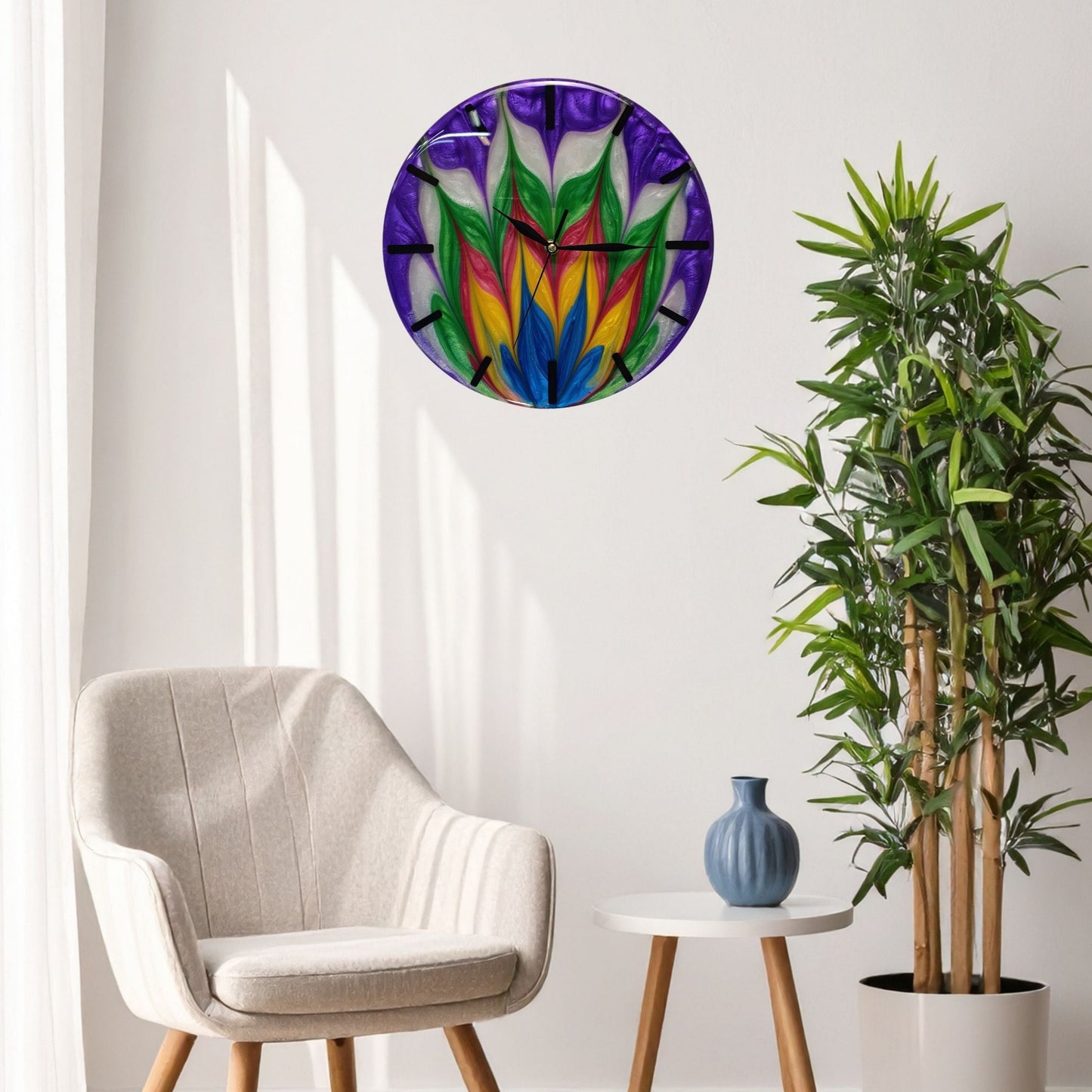 Violet Flame” clock hanging on a modern wall interior