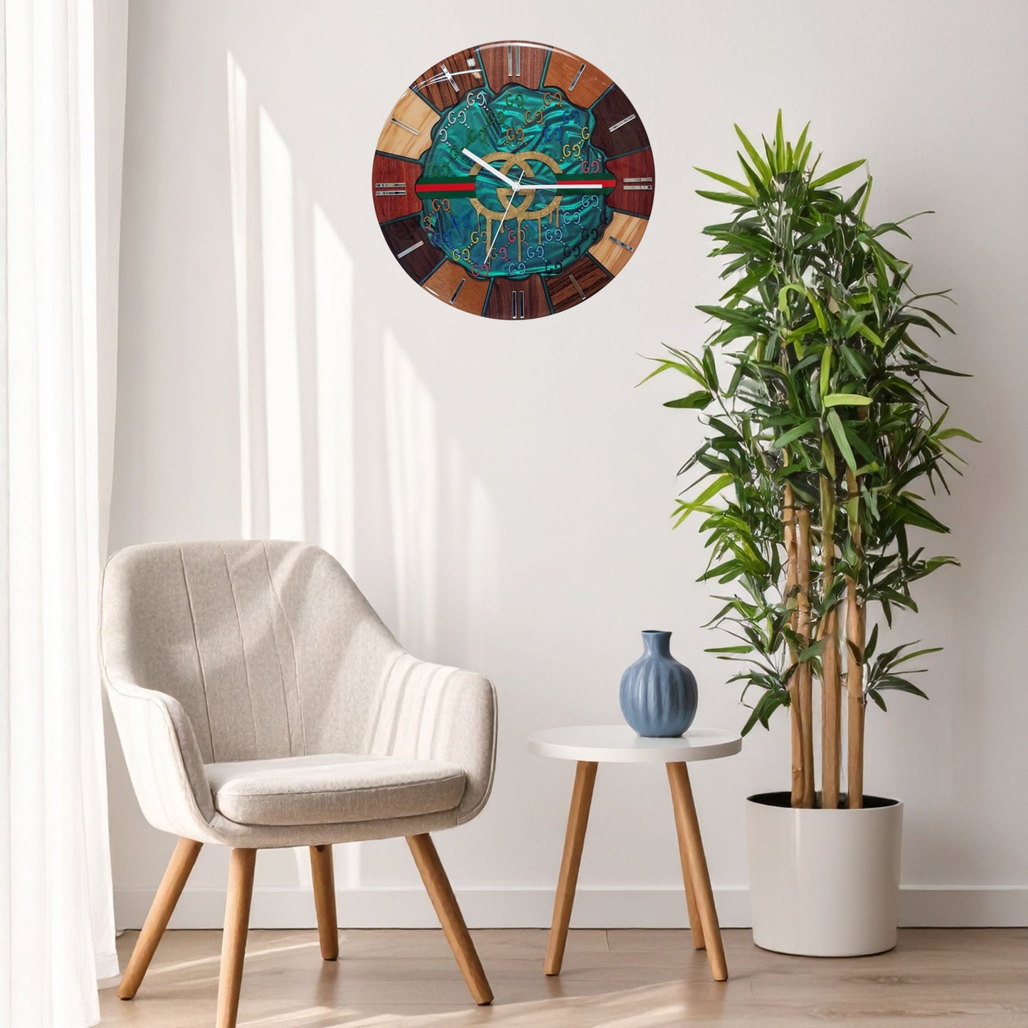Interior wall view — “Emerald Flow” clock hanging in a modern room setting