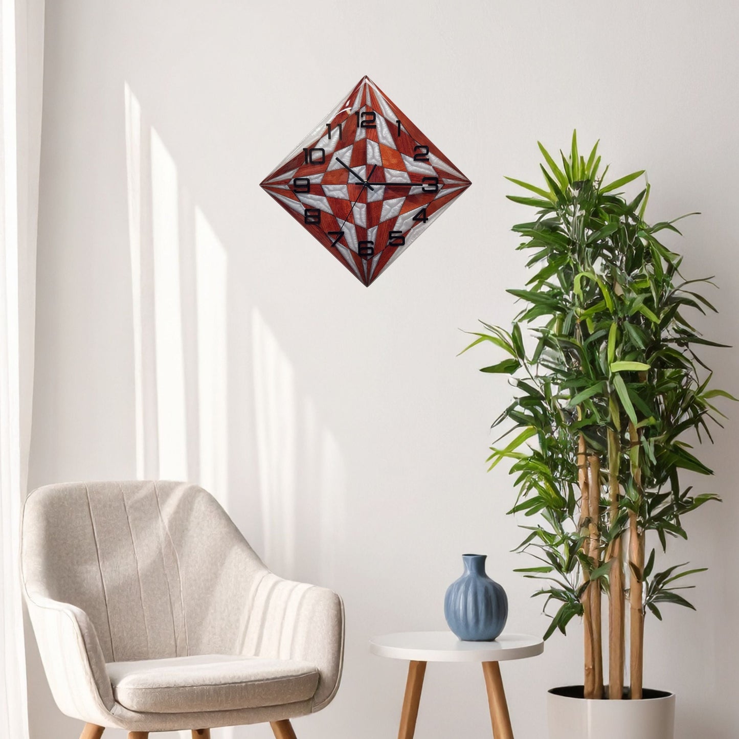 Pearl Compass clock displayed on the wall as a luxury wood and resin statement piece