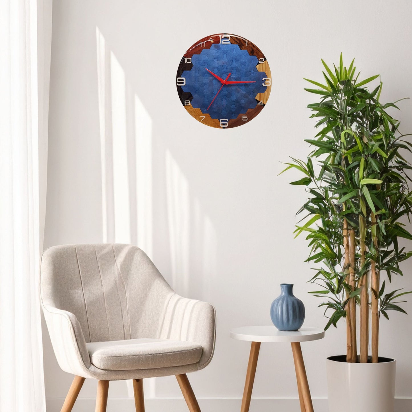 Opal Geometry clock displayed on a wall as a modern wood and resin art piece