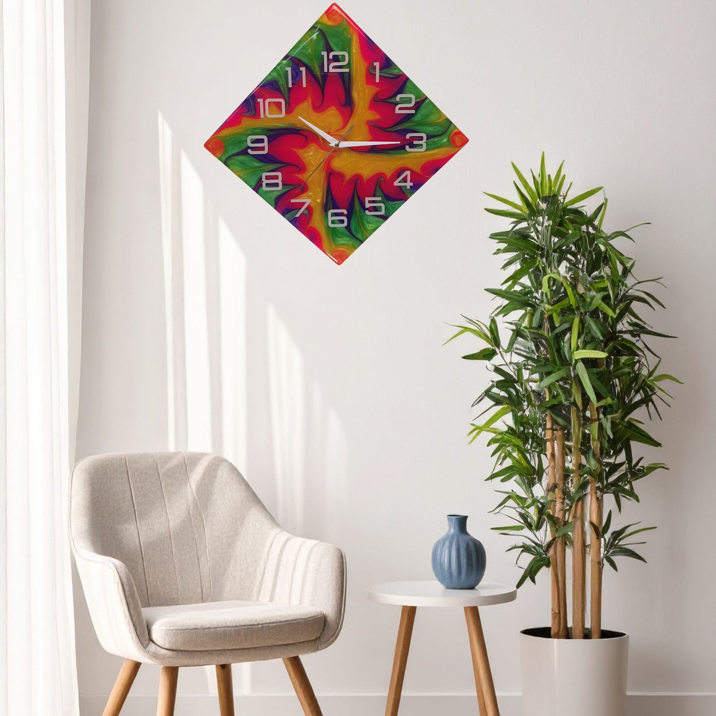 Electric Whirl” wall clock displayed in an interior setting – bold artistic focal point