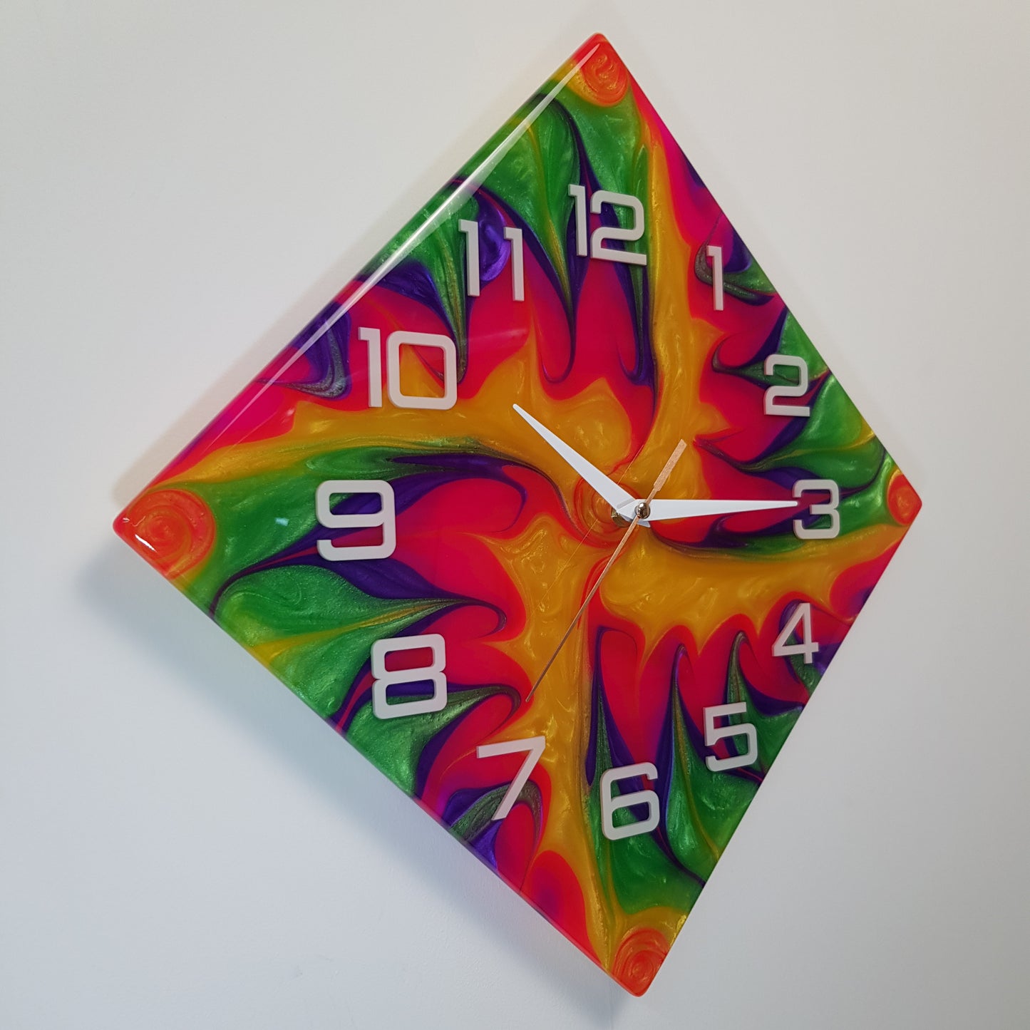 ide view of the “Electric Whirl” clock – dimensional numbers and flowing color movement