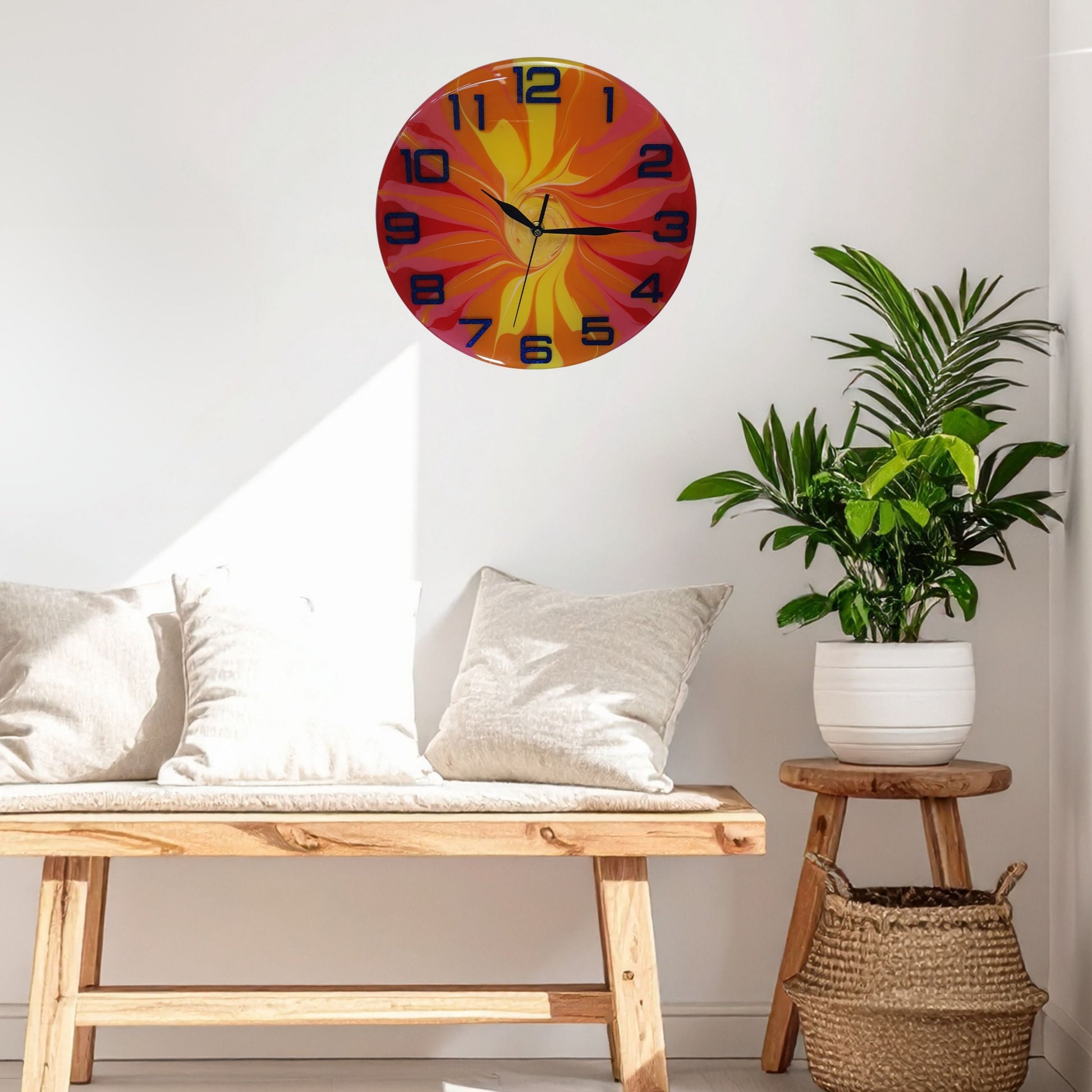 "Fire Bloom" clock hanging on a white wall – vivid and eye-catching decor accent