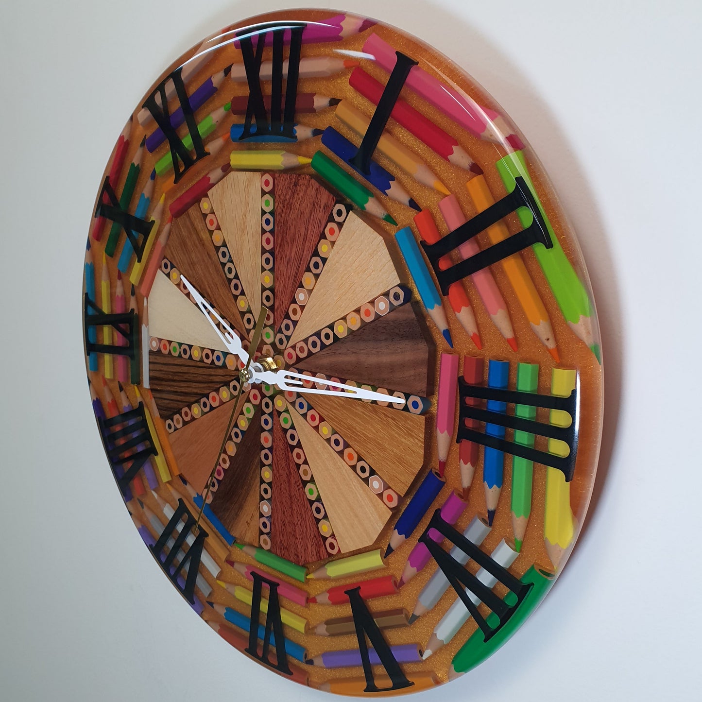 Right side close-up of the "Timber Pop" – laser-cut black Roman numerals and vibrant crayon details in resin