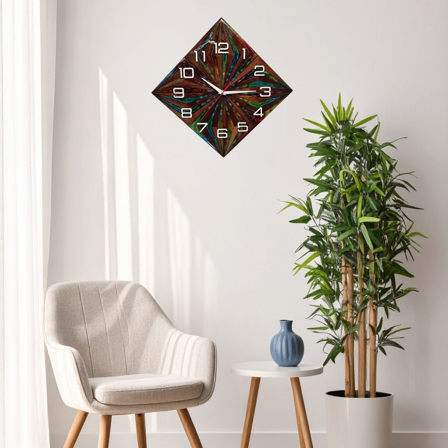 "Walnut Prism" clock hanging on a wall – modern geometric design with natural and colorful contrast