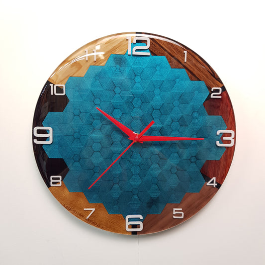 Front view of the Opal Geometry#2 wall clock made from six woods and chameleon epoxy resin