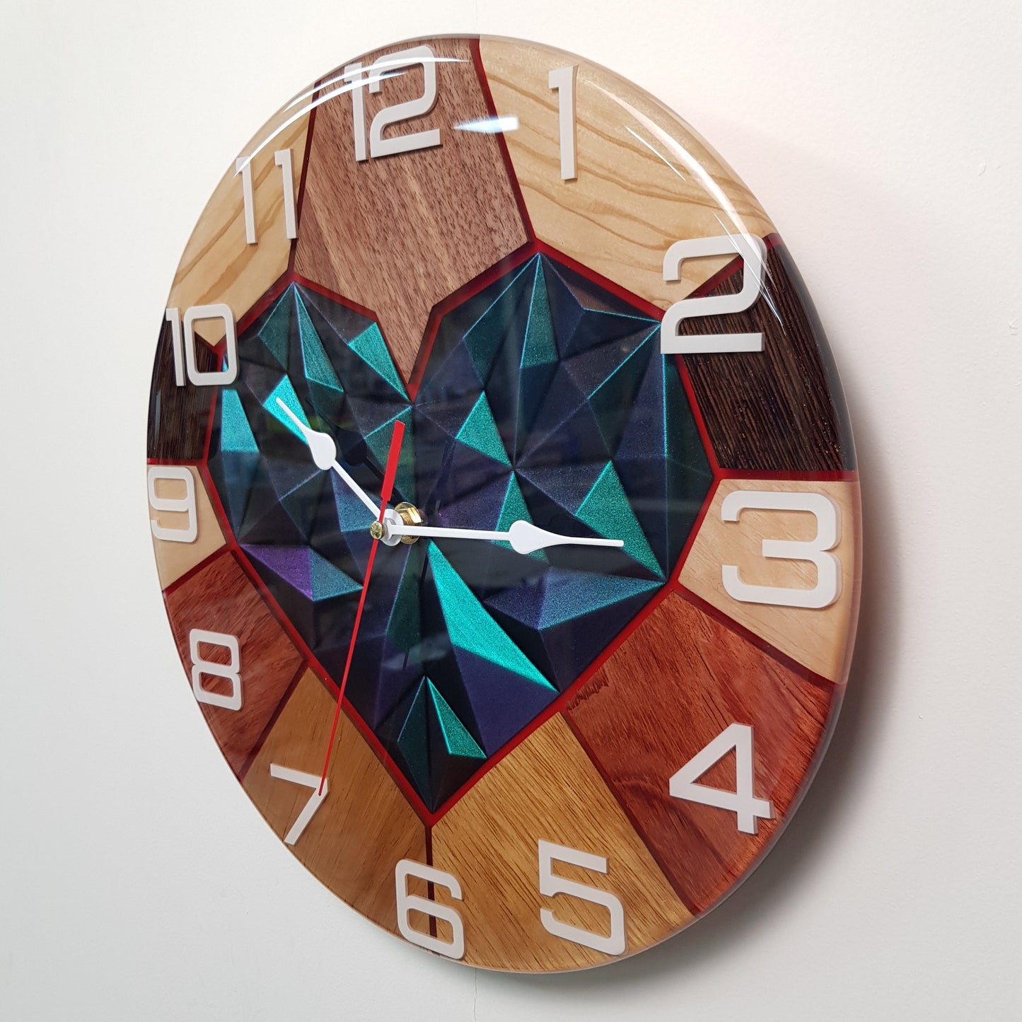 Side view of Wood Line Chameleon Core clock showing depth, resin dome and wood segments