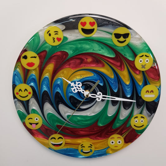 Emotion Flow #02 resin wall clock – handmade limited edition with emoji hours, front view