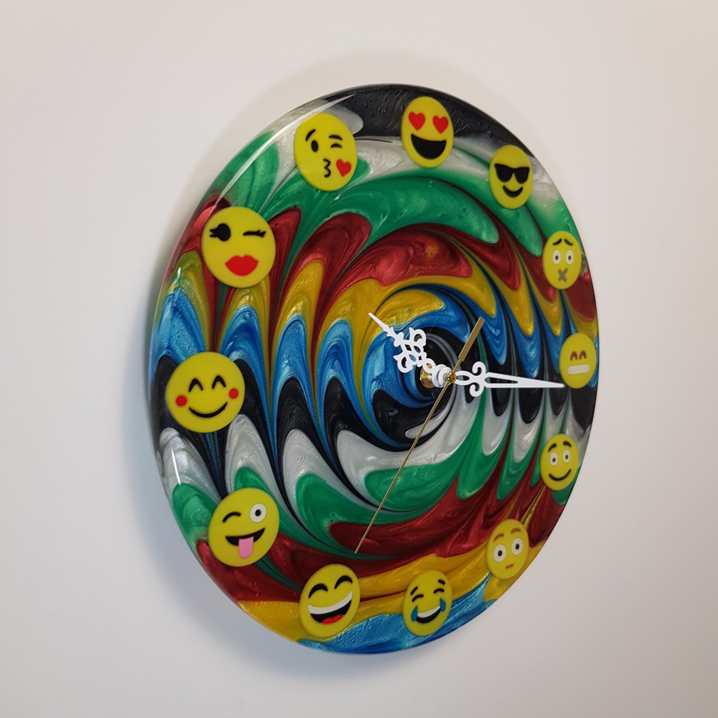 Handmade epoxy resin clock – Emotion Flow #02 collectible with colorful design, angled photo