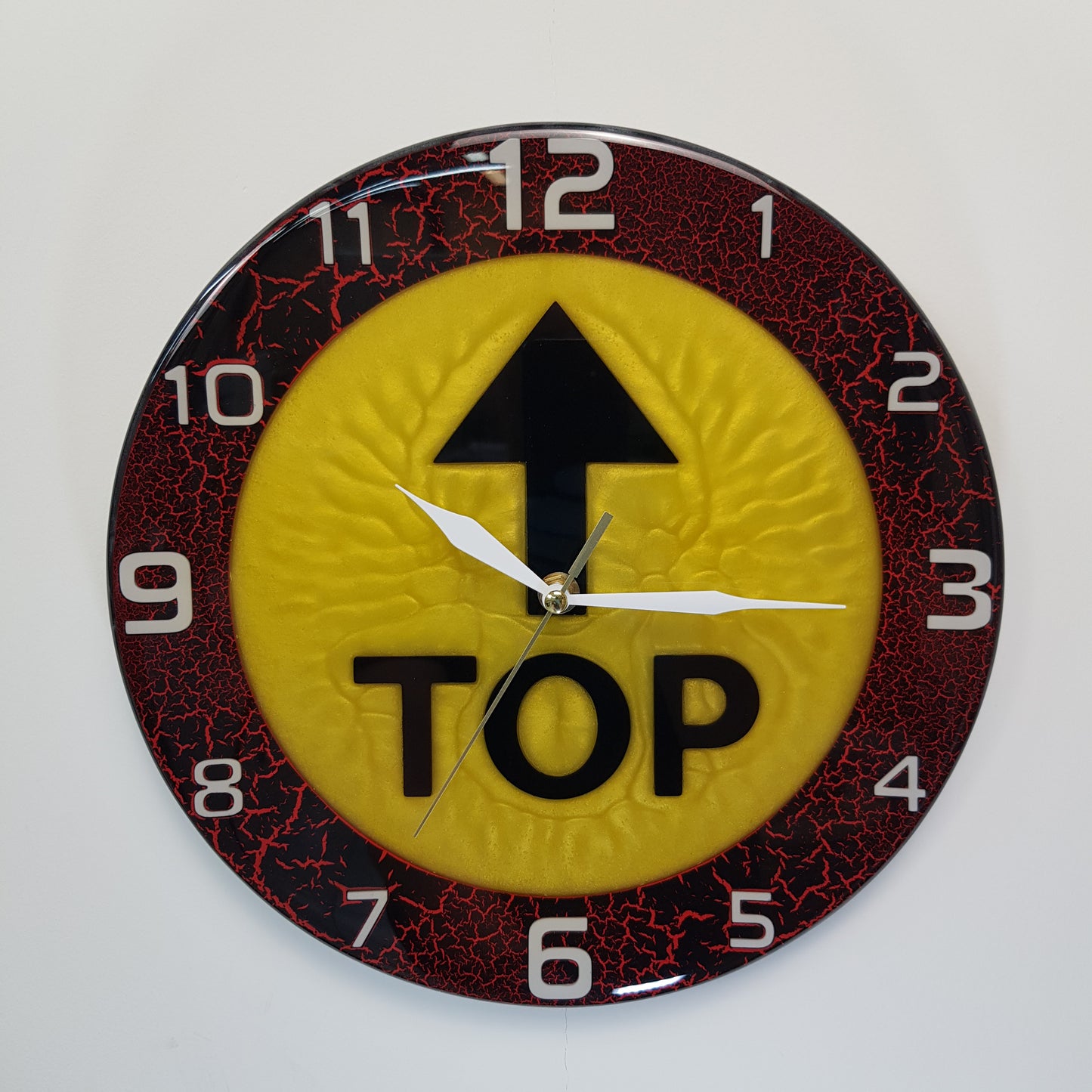 Top Time Yellow Pulse resin wall clock – handmade limited edition collectible , front view