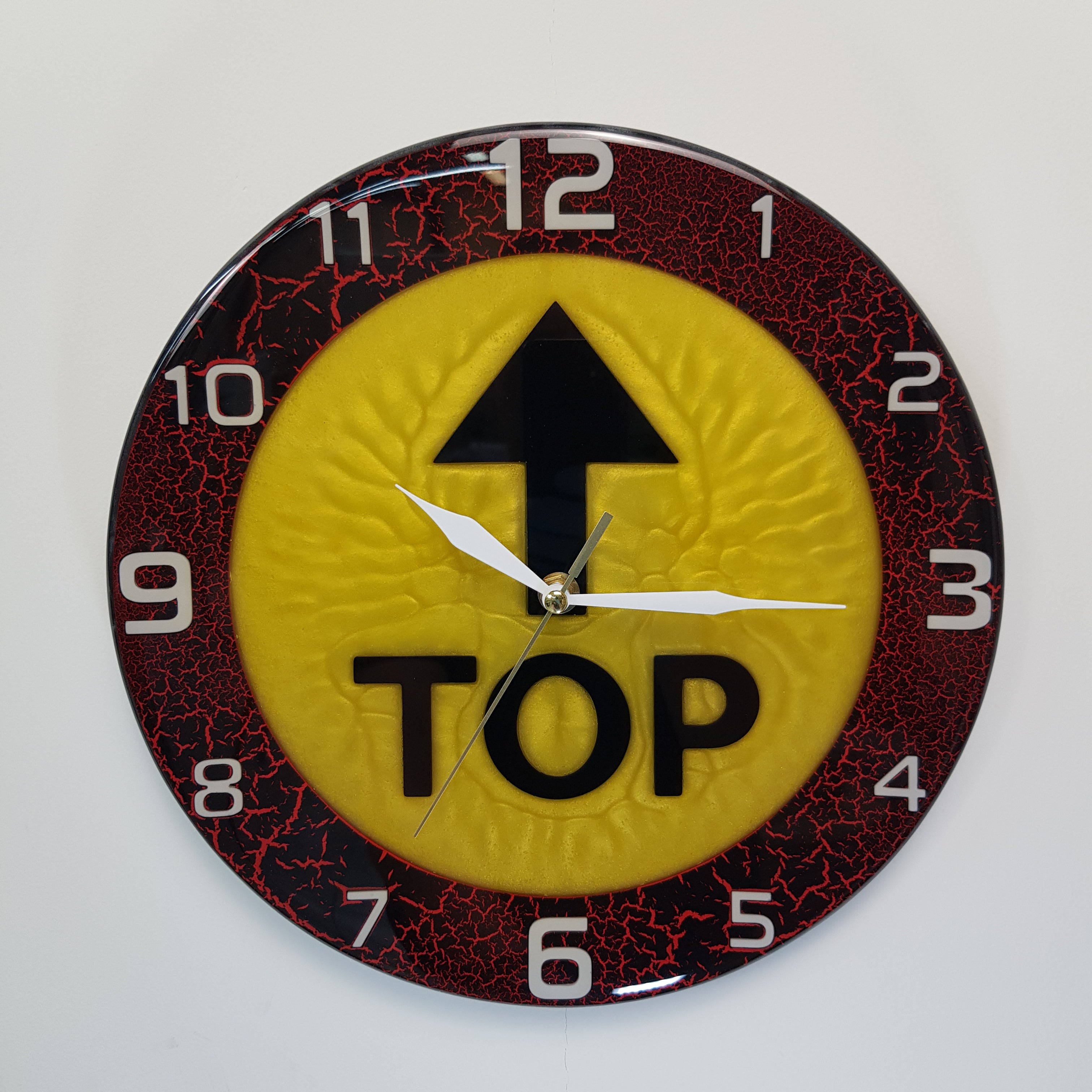 Top Time Yellow Pulse resin wall clock – handmade limited edition collectible , front view