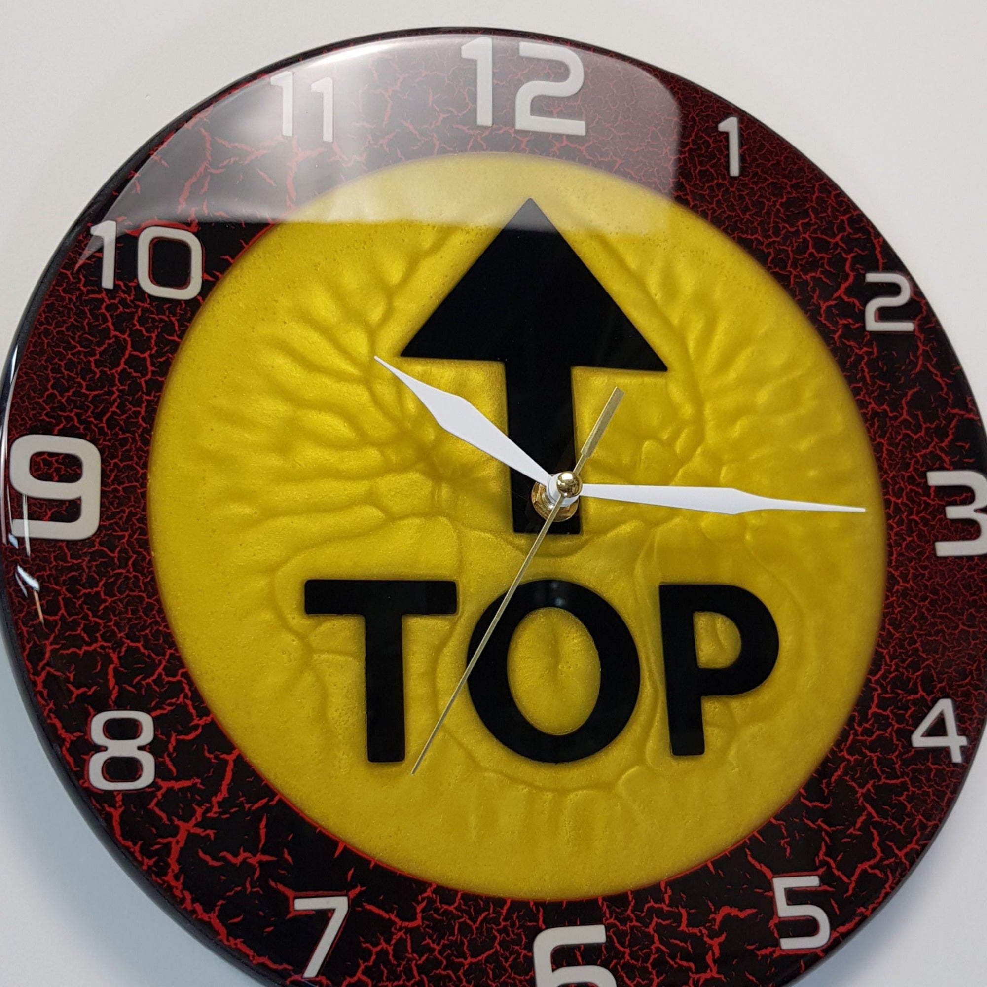 Limited edition resin art clock – Top Time Yellow Pulse with bold yellow textured center, close-up