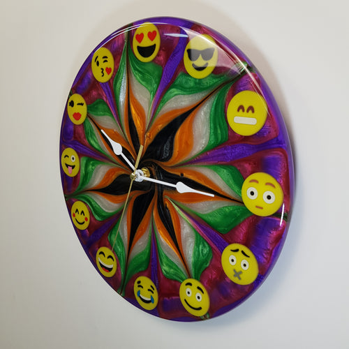 Handmade resin art clock – Emotion Flow #03 collectible, vibrant design with bold contrasts, angled photo