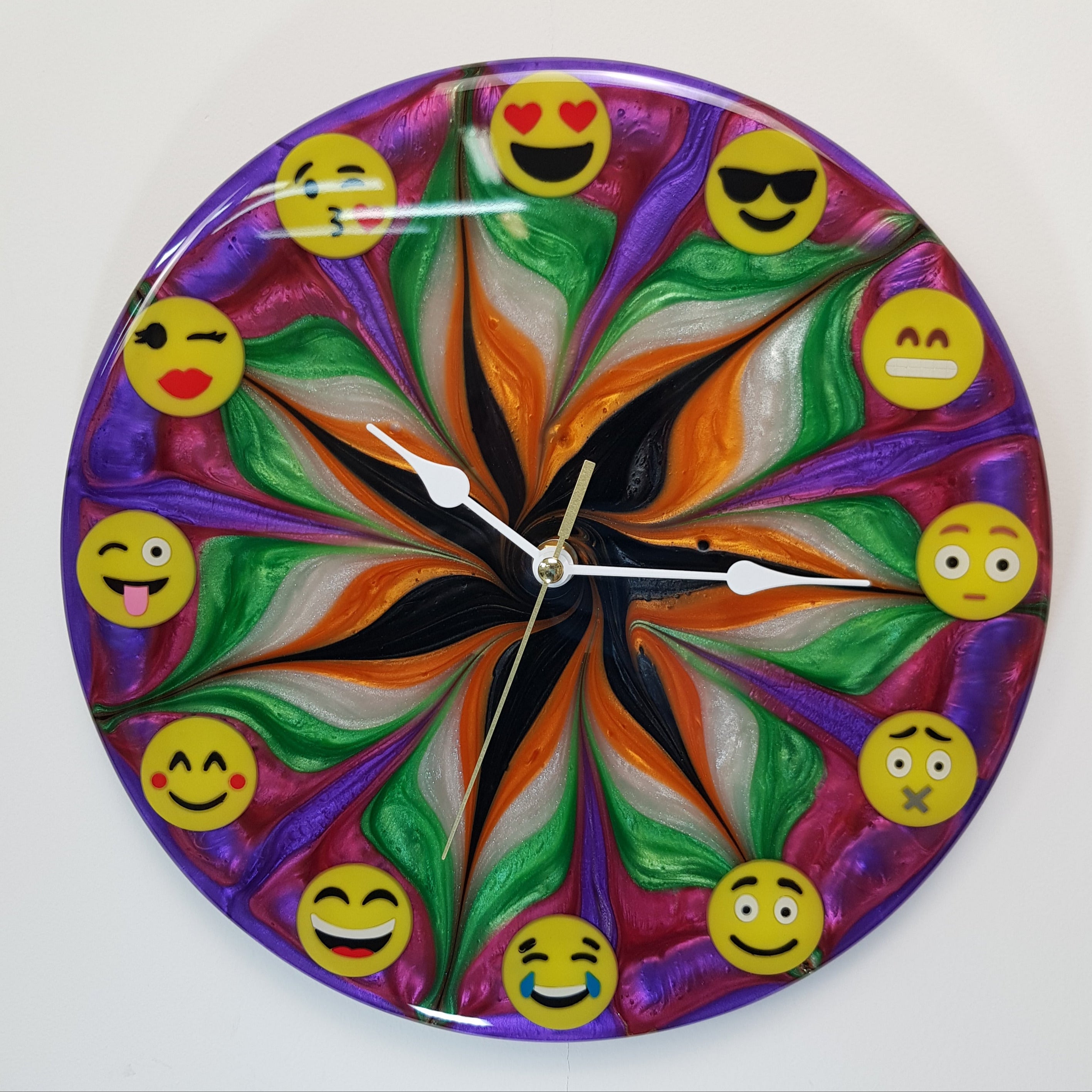 Emotion Flow #03 resin wall clock – handmade limited edition with emoji markers, front view