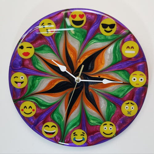 Emotion Flow #03 resin wall clock – handmade limited edition with emoji markers, front view