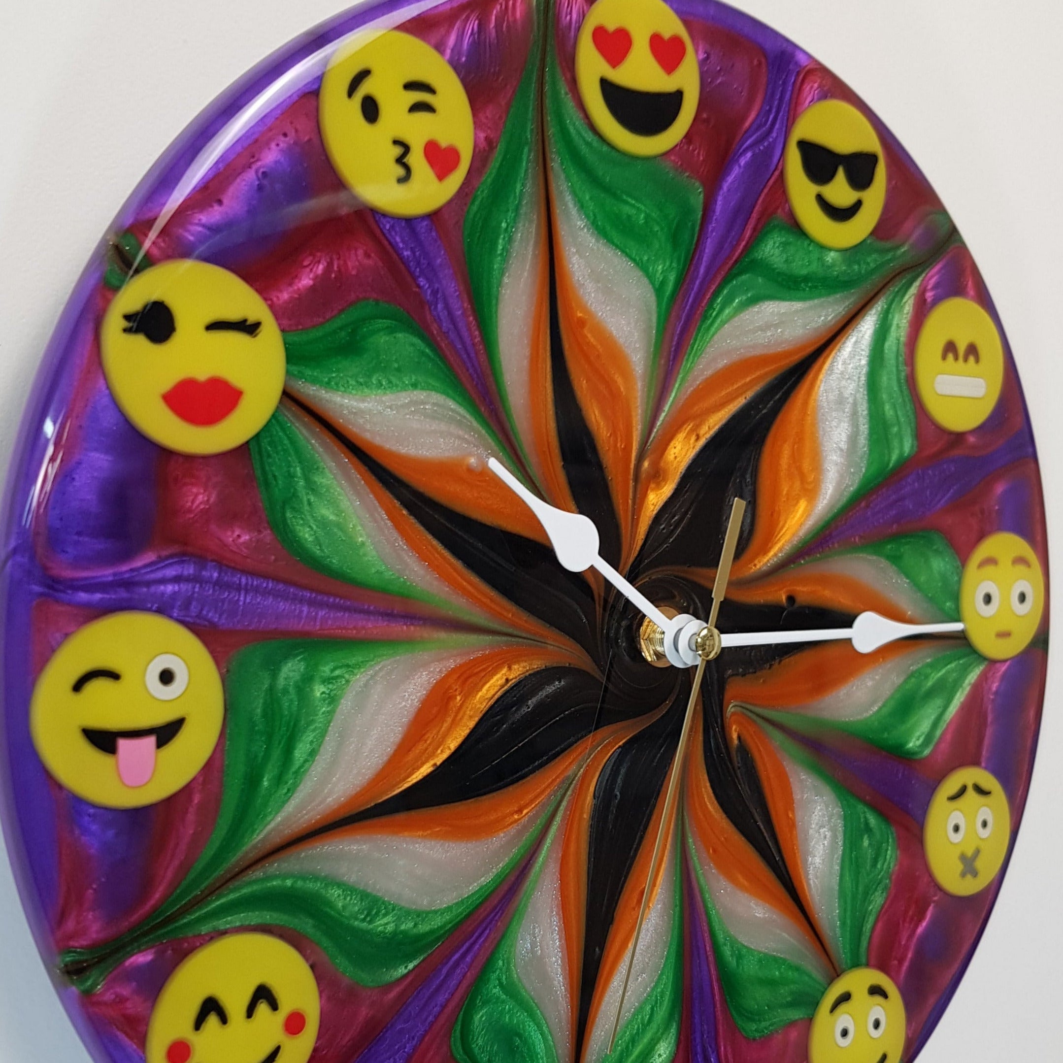 Limited edition epoxy resin clock – Emotion Flow #03 with colorful chaotic pattern and emoji hours, close-up