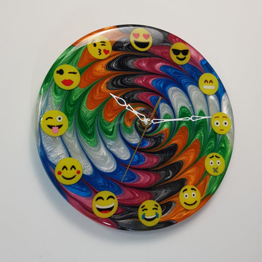 Emotion Flow #04 resin wall clock – handmade limited edition with emoji markers, front view