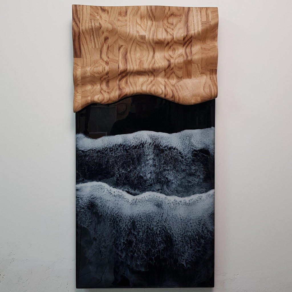 Between the Waves wall sculpture — hand-carved oak and epoxy resin ocean artwork