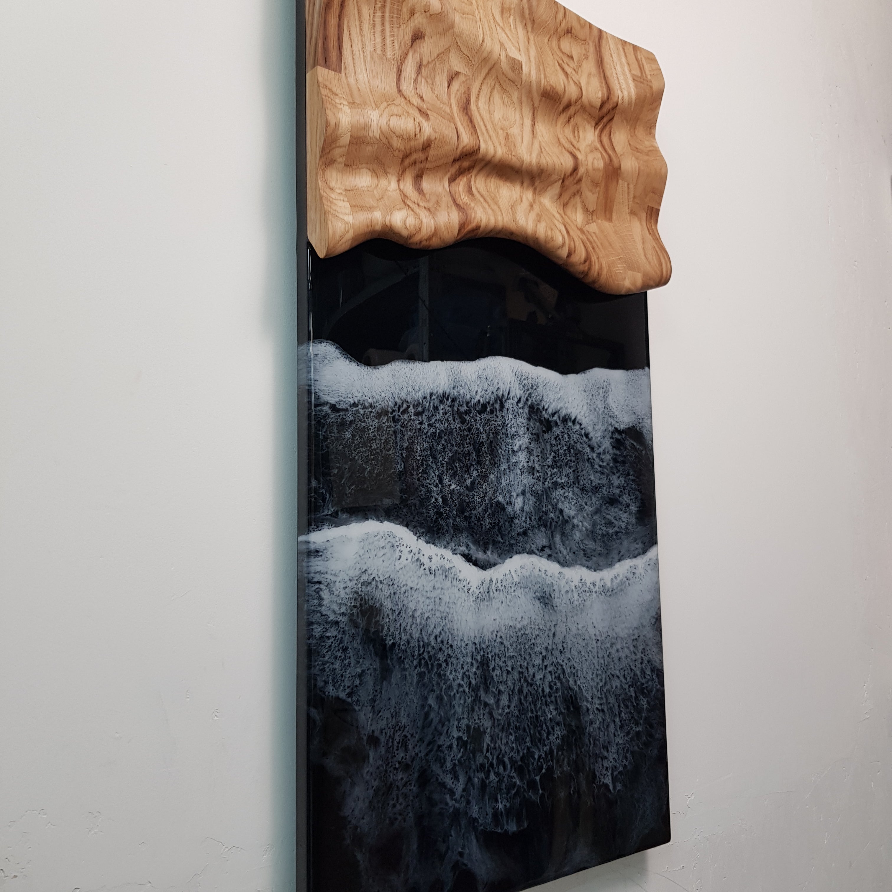 Luxury handmade oak wall art with deep resin sea effect