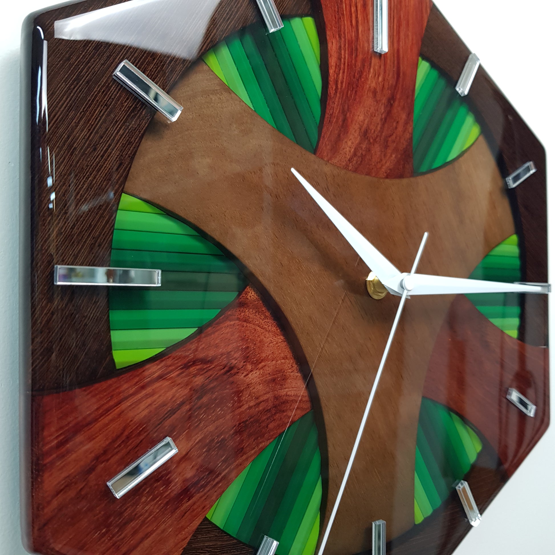 Close-up of the green pencil sections encapsulated in glossy epoxy resin