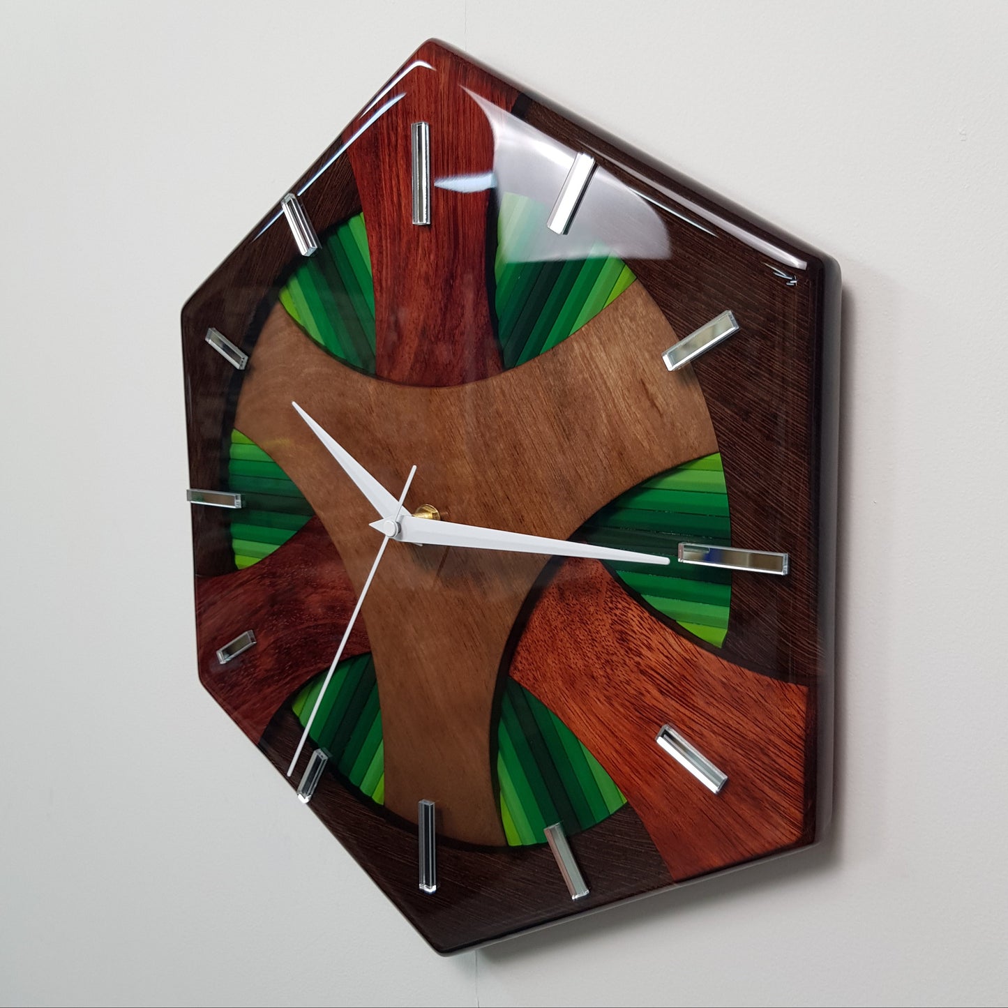 Left side view highlighting the natural wood textures and curved design