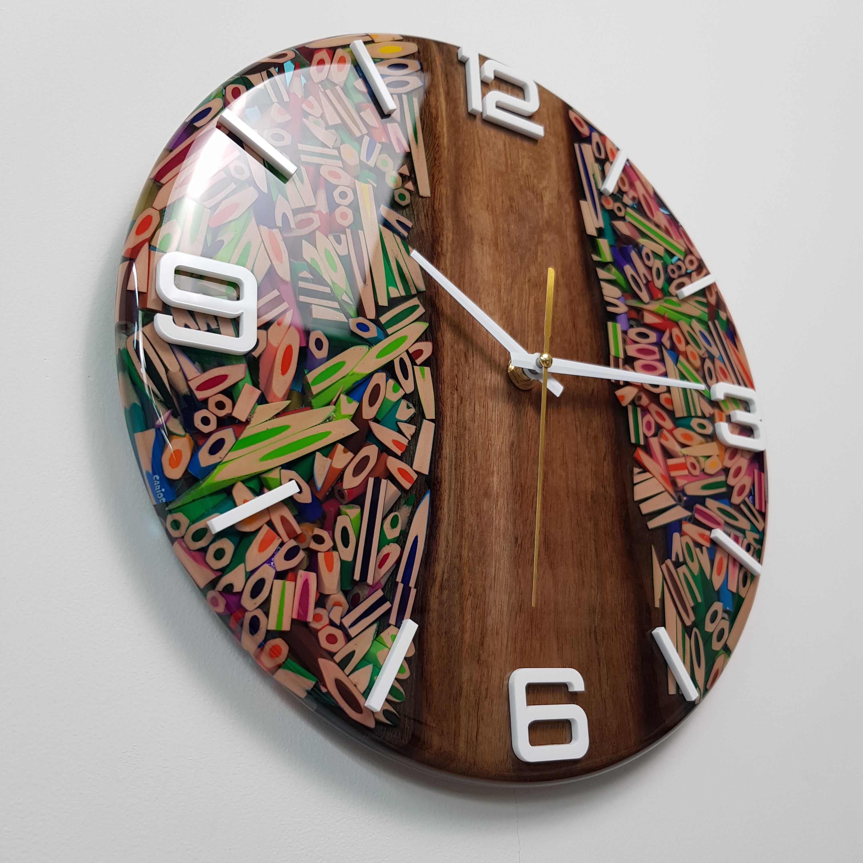 Angled view capturing the contrast between natural wood and vibrant colors