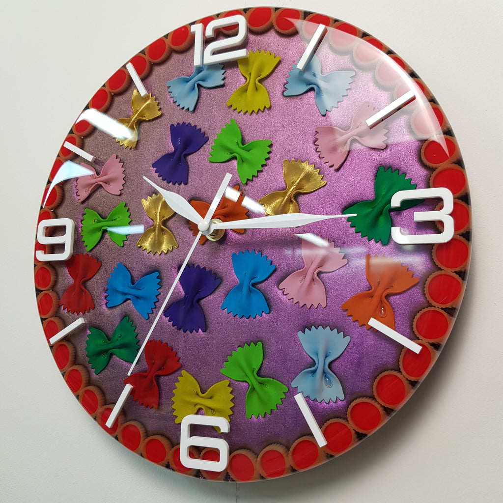 Contemporary handmade resin clock with playful pasta design and vibrant colors