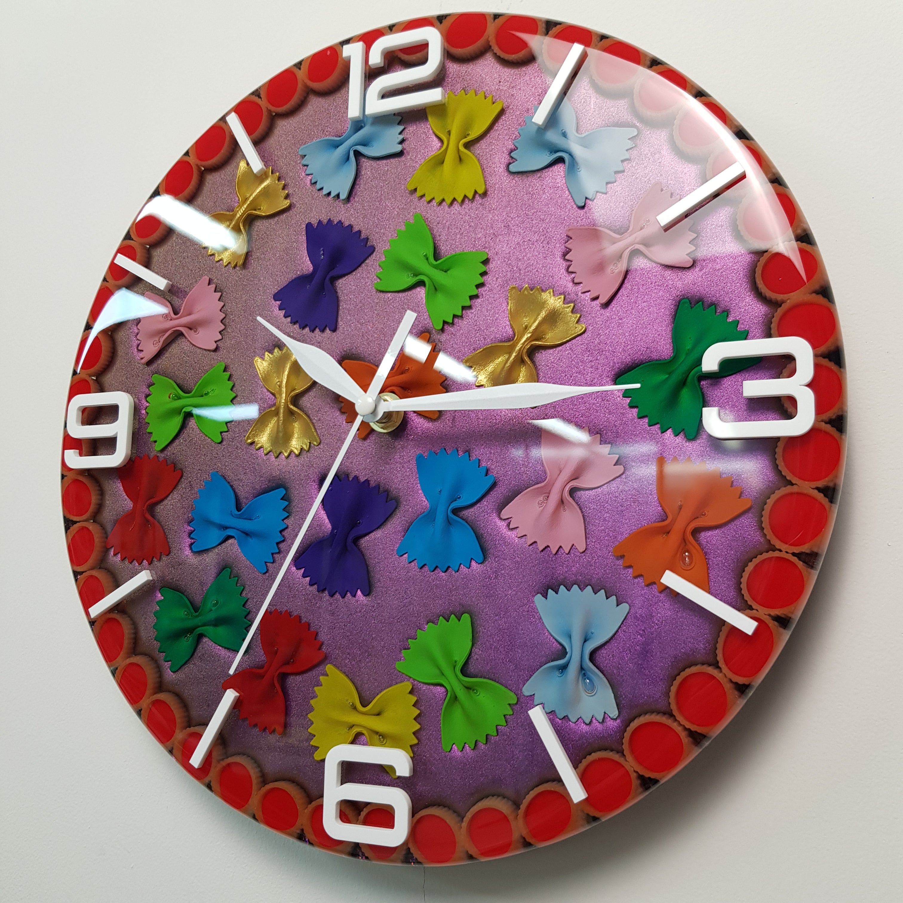 Contemporary handmade resin clock with playful pasta design and vibrant colors