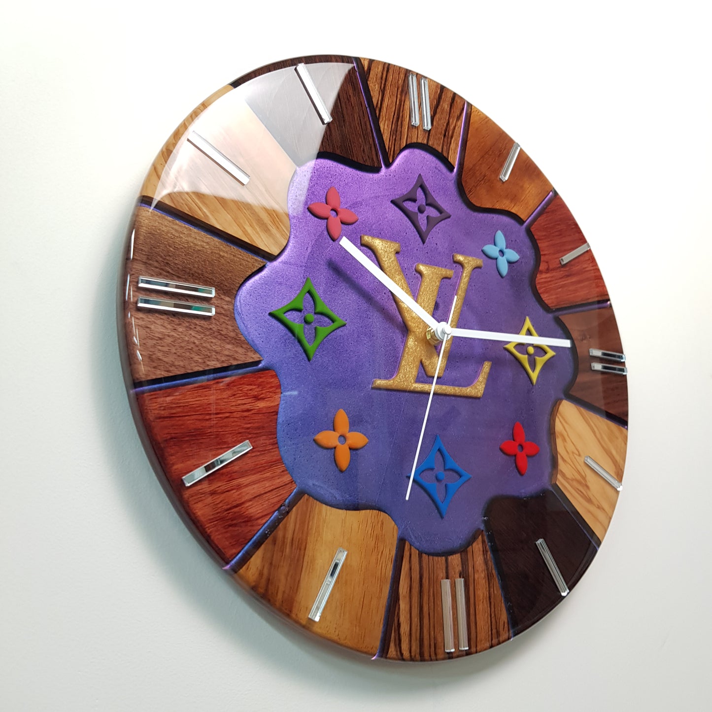 Close-up from the right side highlighting mirrored hour markers and white hands.