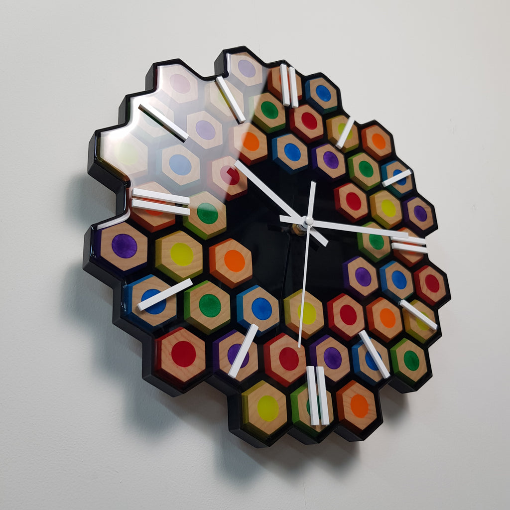 Detailed view of colorful hexagon composition on Geometry of Color clock