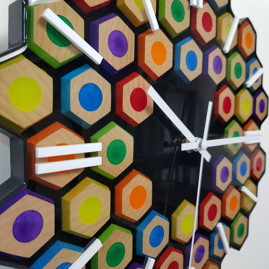 Close-up of geometric colorful wood pattern with epoxy resin finish
